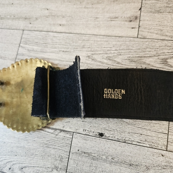 Golden Hands Lee Bernay Vintage Belt Brass Enamel Buckle Suede Belt Boho Hippie - Picture 2 of 8